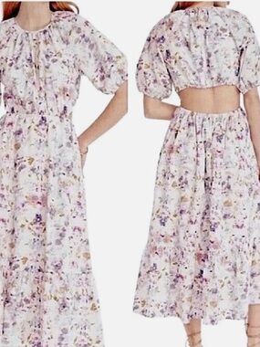 J. Crew White Floral Puff-Sleeve Maxi Dress with Lavender Accents